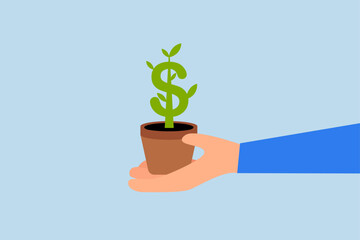 Growth stock return, businessman financial specialist hand offering hold plants pot with developing cash tree with dollar sign