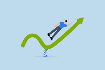 Stock market rebound,&nbsp;businessman jumping high on trampoline with green rising performance arrow chart