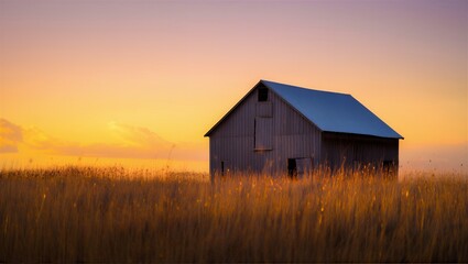 Rustic barn standing alone in golden wheat field at sunset