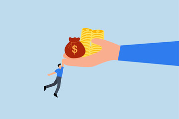 High risk high return,  finance manager financial backer holding large hand tight with cash coins