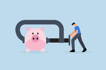 company cut budget,  businessman presses the clip to save the pink piggy bank