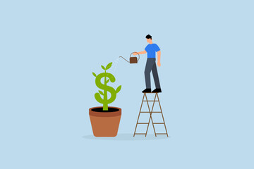 Growth investment, An investor and businessman is watering a sprout or seedling plant that is growing from a golden dollar sign