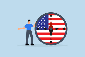 World and United States economic direction after presidential election, Leaders in business stand with compass and the US flag