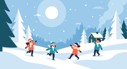 Fototapeta premium Children playing in the snow during winter season.