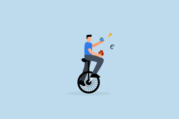 Financial advisor, Businessman investor juggling finance asset, real estate, currency, gold, savings, and stock market graphs while riding a unicycle with only one wheel