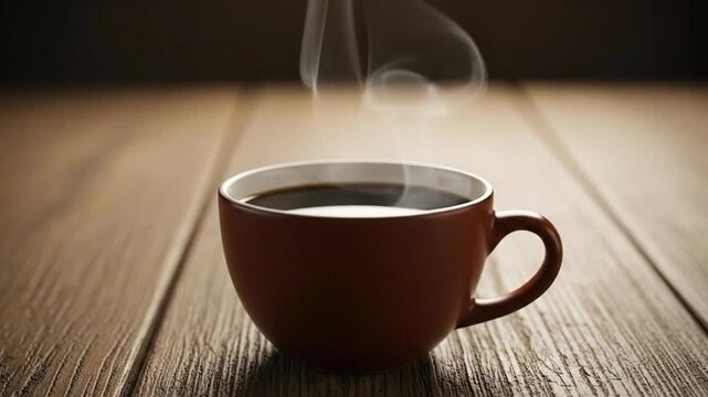 Coffee cup steam rising, relaxing morning scene on rustic wood