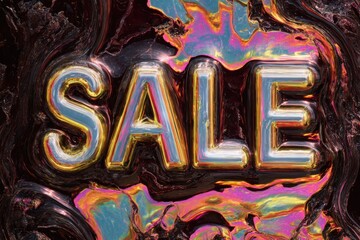shiny chrome sale lettering on fluid metallic texture, futuristic abstract background, concept of ecommerce promotion and premium retail branding