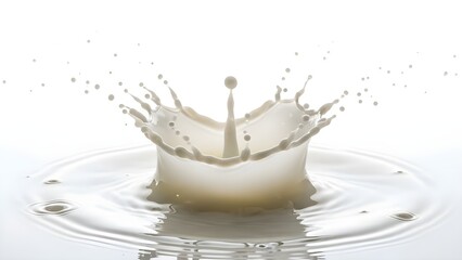 High speed photography captures a perfect crown splash of fresh white milk liquid frozen in time rising dramatically on white background