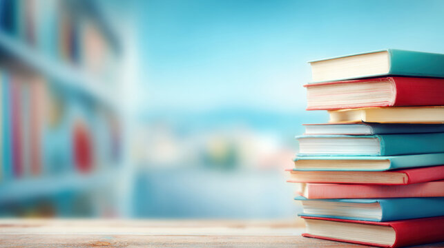 Stacked books on table in a library with soft background and bright light