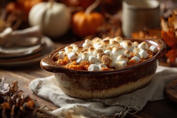 traditional sweet potato casserole with toasted marshmallows in ceramic bowl, homemade autumn dish styled on wooden table with soft light, cozy food mood, concept of thanksgiving menu, culinary blog