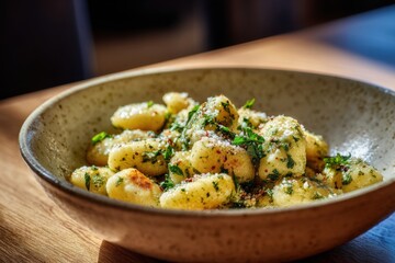 sauteed potato gnocchi with herbs and cheese on plate, italian dumplings served indoors with bokeh lights, cozy dinner scene, concept of cafe menu, culinary marketing