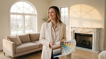 Caucasian woman interior designer holding color swatches and smiling in luxury living room. Home renovation and decoration planning banner with copy space