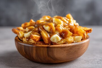 crispy french fries topped with cheese curds and gravy in wooden bowl, classic poutine served hot with steam on simple background, comfort food scene, concept of casual dining, food marketing