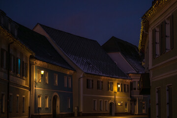 Historic houses with christmasdecoration in the small town Stainz in Styria, Austria in the early morning hours