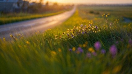 Serene landscape with vibrant wildflowers by a winding road at sunset