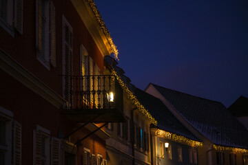 Historic houses with christmasdecoration in the small town Stainz in Styria, Austria in the early morning hours