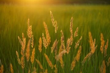 Golden wheat field at sunset with warm sunlight