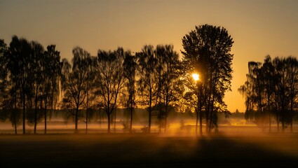 Golden sunrise over misty landscape with silhouetted trees