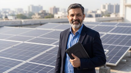 Indian man with beard in suit holding tablet and smiling on rooftop with solar panels. Renewable energy business and sustainable technology leadership banner with copy space