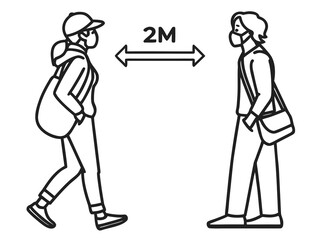 two people standing facing each other, both wearing face masks, with a double-headed arrow between them labeled "2M" indicating a 2-meter distance to maintain separation.