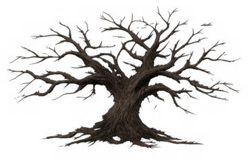 Leafless old tree with gnarled branches and exposed roots, depicting autumn, winter, death, or spooky nature