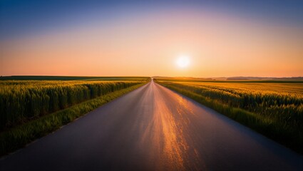 Serene sunset over open road through golden wheat fields