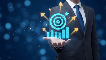 Businessman presenting a futuristic graph with a target and arrows on his hand in a suit against a dark blue background with bokeh lights