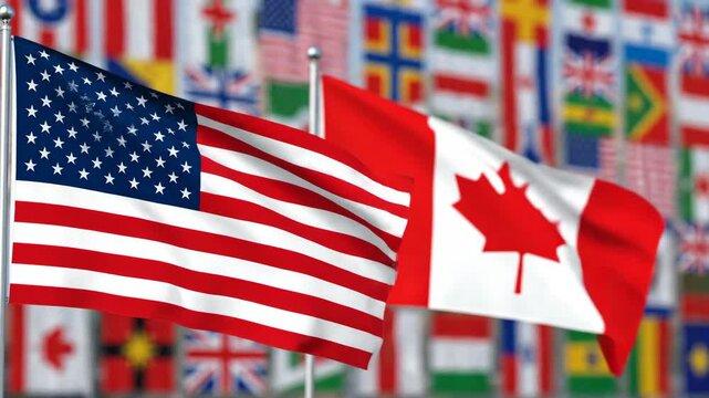 Multicolored Flags of Canada and the United States Flapping in the Wind at a