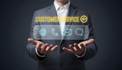 Man in business suit presents customer service icons on transparent screen with hands