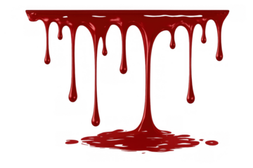 Red viscous liquid dripping downwards and pooling on a transparent background, simulating blood for design elements