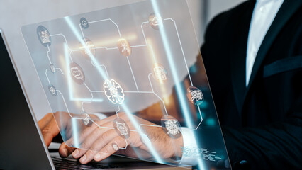 AI agent on a laptop, creation of digital content, artificial intelligence icons on a holographic digital panel and a person working at a computer, robots for automation
