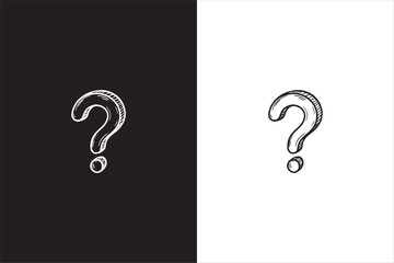 Hand drawn question mark illustration in black and white contrast background, minimal doodle style symbol for FAQ, help, mystery, inquiry, problem solving, and concept design. Vector illustration.