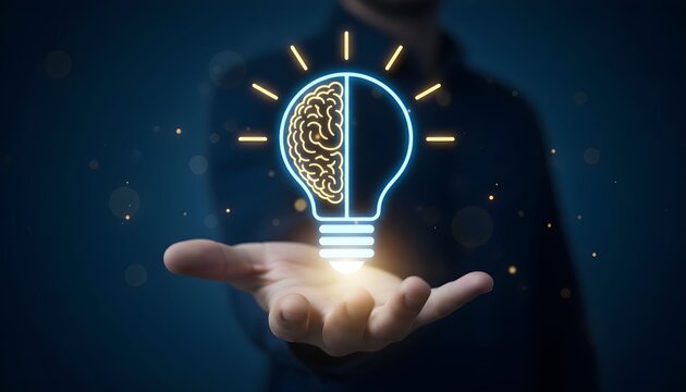 A person holds a glowing light bulb with a brain inside in their hand - Powered by Adobe