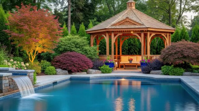 Suburban Oasis: Beautiful Wooden Gazebo and Swimming Pool with Waterfall in a Lush Garden.