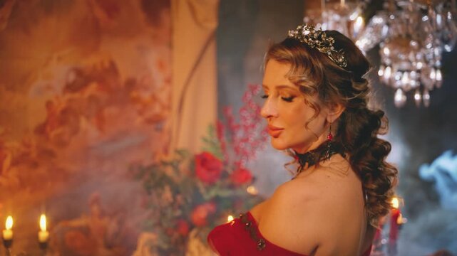 real person beauty face mystery woman in dark black room masquerade ball royal themed party carnival night club. Blonde hair girl. sexy woman queen looking at camera victorian old style red dress 4k