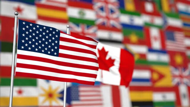 Multiple American and Canadian Flags Flapping Amidst International Banner