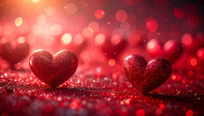 Valentine’s day background featuring red glitter hearts and romantic sparkling texture
