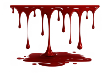 Dripping red liquid forming a puddle, representing horror, violence, crime, and medical concepts, on a transparent background