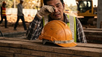 Tired Asian Construction Worker Wiping Sweat with Gloved Hand, Exhausted Laborer Leaning on Wood Planks, Overwork and Physical Hardship Concept