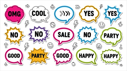 Obraz premium Colorful Hand-Drawn Doodle Speech Bubbles and Comic Style Text Boxes Vector Illustration Set.