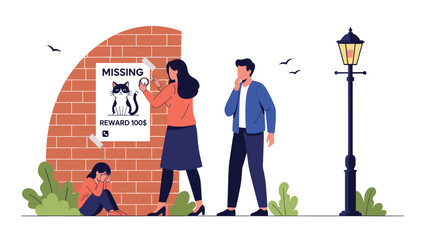 Concerned woman and man putting up a missing cat poster on a brick wall while a sad young girl sits nearby in total despair at night.