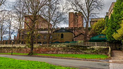 A view towards the rear of the castle in the city of Chester, Cheshire, UK
