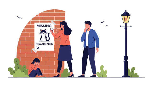 Concerned woman and man putting up a missing cat poster on a brick wall while a sad young girl sits nearby in total despair at night.