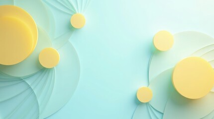 Modern Abstract 3D Background with Mint Green Layered Glass Petals and Yellow Circular Platforms