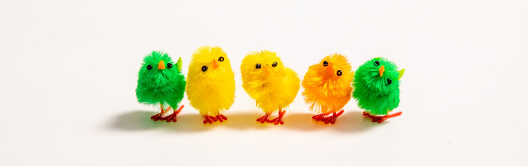 Five colorful fluffy toy chick lined in a row against a white background for a playful Easter and spring holiday concept.