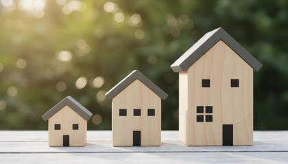 Three wooden houses of different sizes are lined up on a table outdoors in a sunny natural setting.