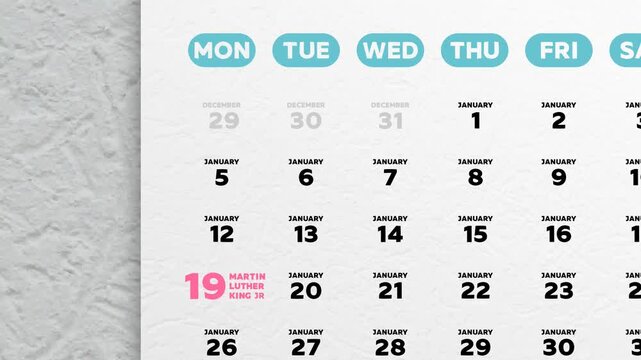 A nice January 2026 page of a wall calendar with the date of Martin Luther King Jr. Day highlighted
