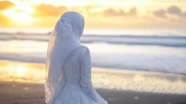 A bride in a white dress stands on the beach. She gazes at the golden sunset over the tranquil ocean.