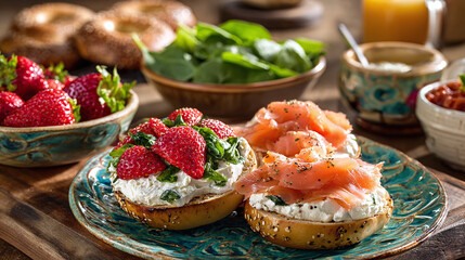 Start your day with a colorful and appetizing plate of bagels, adorned with salmon, strawberries, and spinach for a balanced, delicious breakfast.