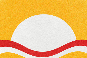 Yellow textured paper background with white circle for copy space and red waves for poster, banner, presentation